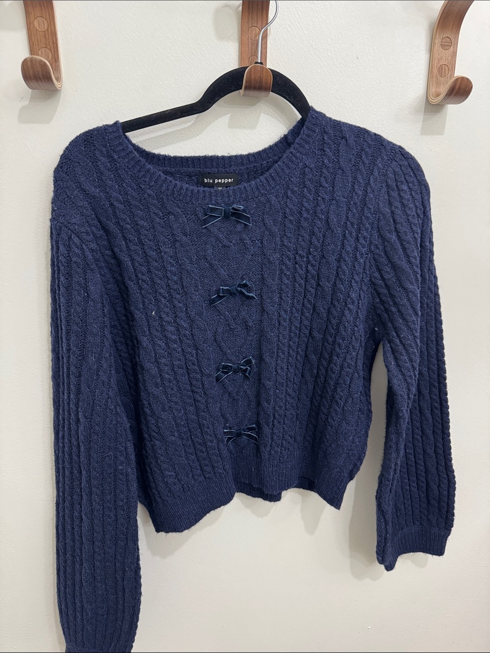 Blu Pepper Navy Cable Crewneck Sweater with Bow Accents